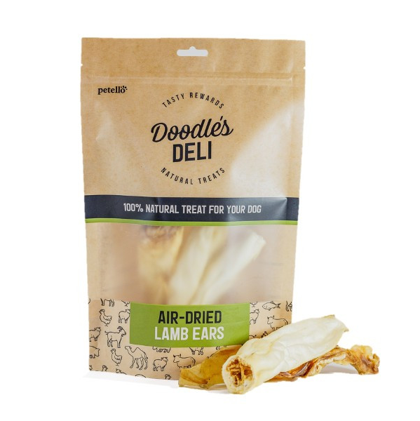 Package of Doodle's Deli air-dried lamb ears dog treats, with product visible