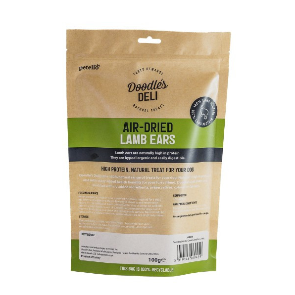 Package of Doodle's Deli air-dried lamb ears dog treat from the back, showing product information