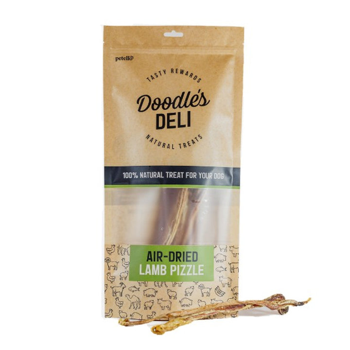 Packaging of Doodle's Deli air-dried lamb pizzle with the product visible through a transparent window, labeled as 100% natural treat for dogs.