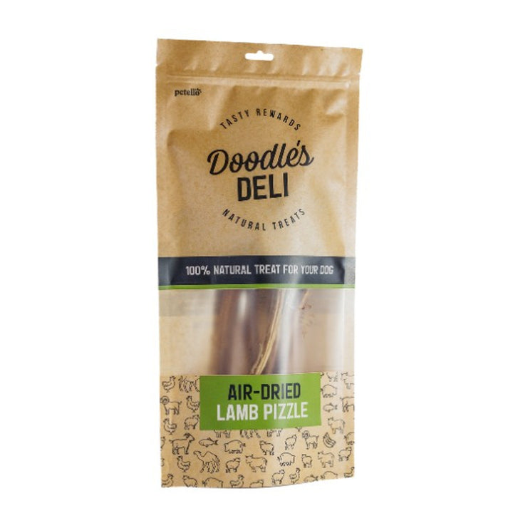 Packaging of Doodle's Deli air-dried lamb pizzle with the product visible through a transparent window, labeled as 100% natural treat for dogs.