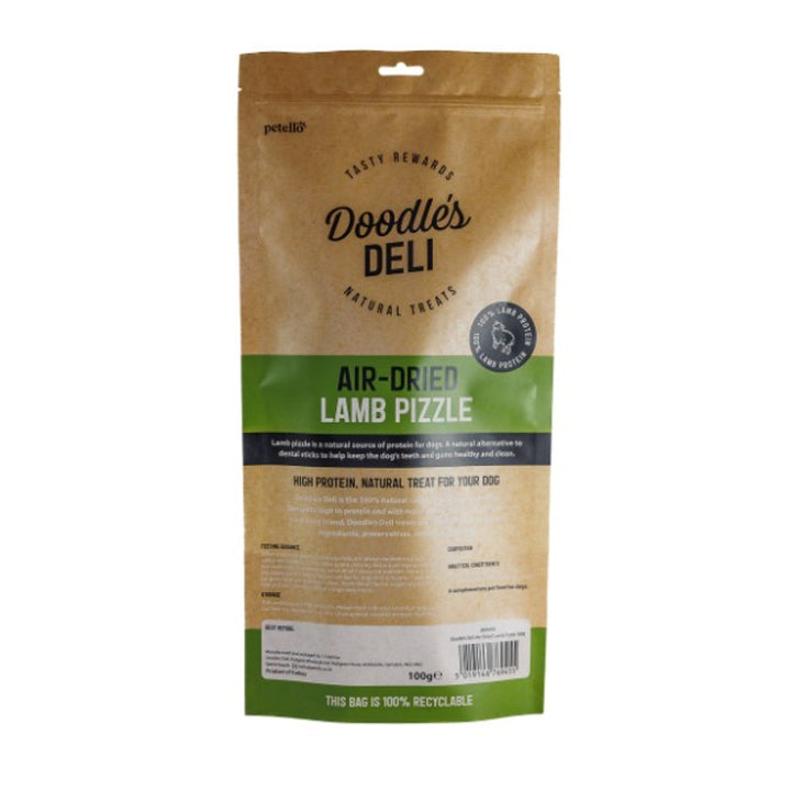 Image of the back of the Doodle's deli air-dried lamb pizzle dog treat, showing the product information
