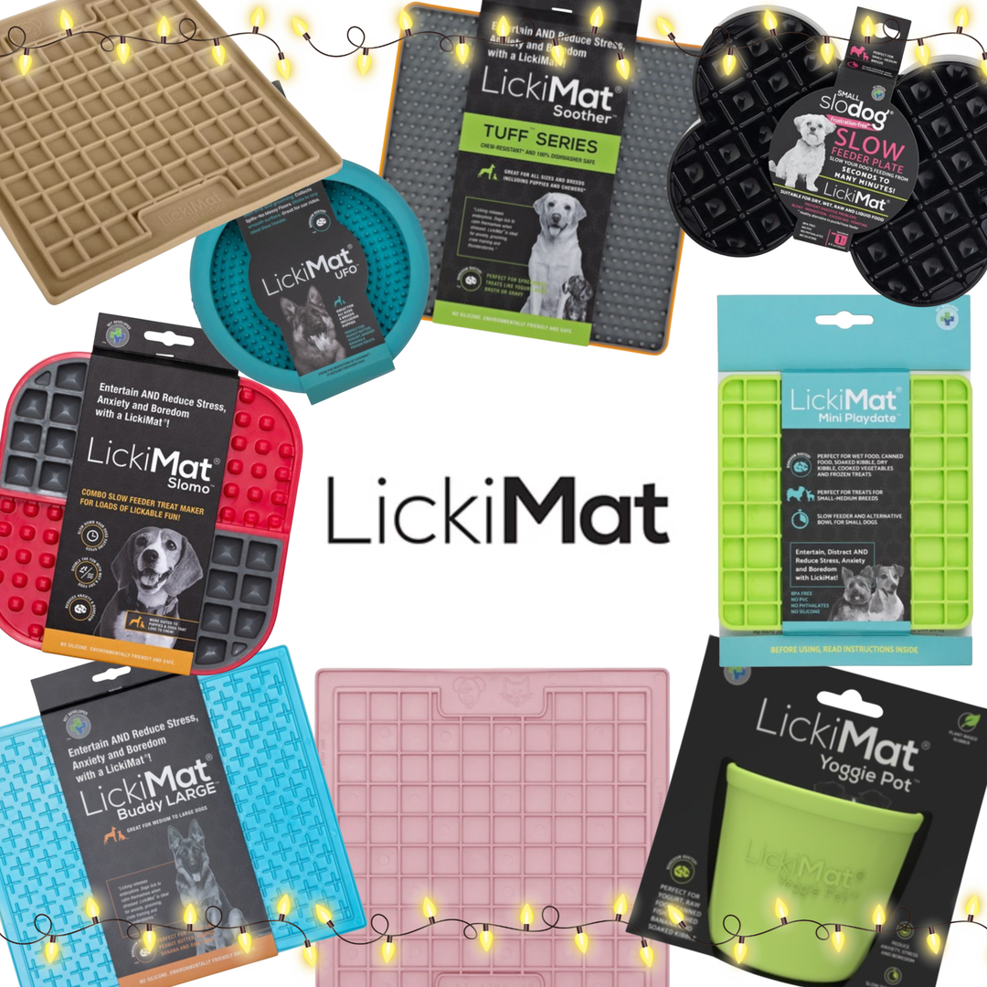 A promotional collage showing multiple LickiMat dog lick mats and treat dispensers arranged on a bright orange background with decorative string lights. Visible products include a tan grid mat, a teal slow lick mat, black slow lick mats, a pink and red lick mat, a blue lick mat, a pink grid mat, a green Yoggie Pot, and packaged LickiMat Buddy Licks packaging.