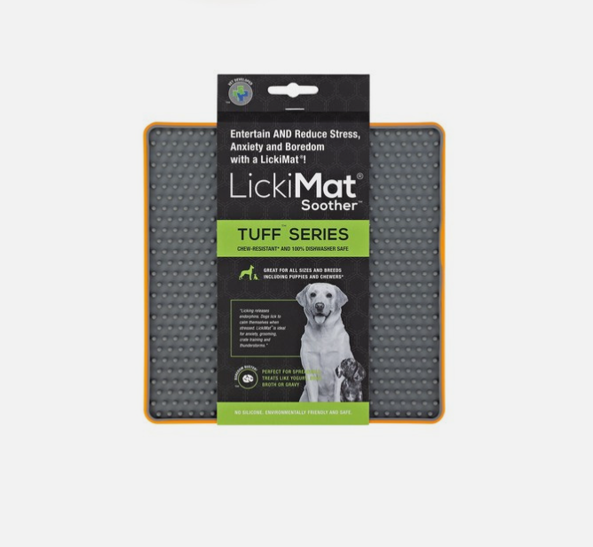 LickiMat soother tuff series, slow feeder mat for dogs, square, grey with an orange border. 