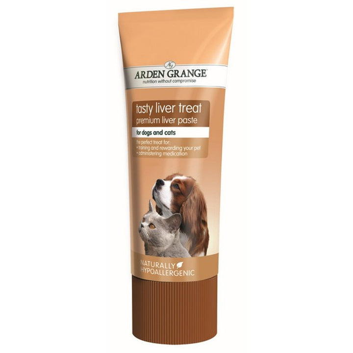 A tube packaging of Arden Grange tasty liver treat premium pouch paste, indicating suitability for dogs and cats, and highlighting its hypoallergenicity.