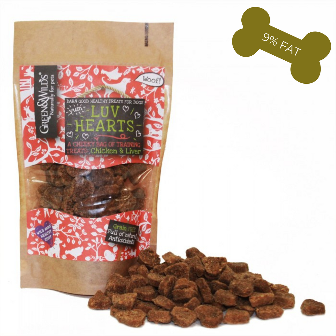 Package of Green and Wilds Luv Hearts dog treats, red label, product visible