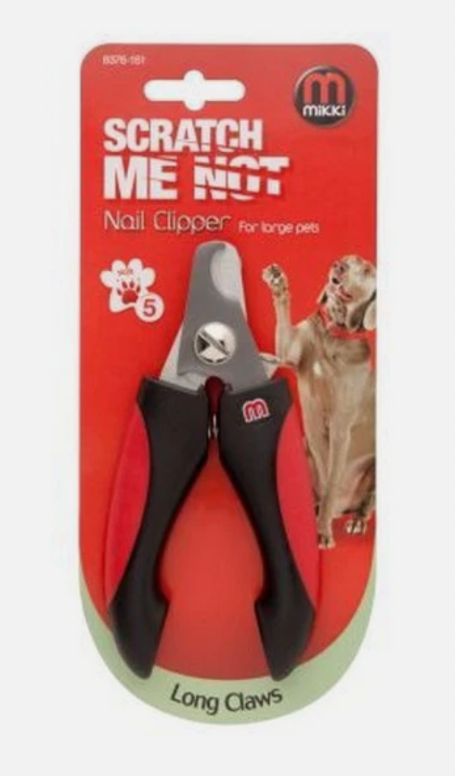 Image shows dog nail clippers (red and black plastic handle) in a red packaging. 