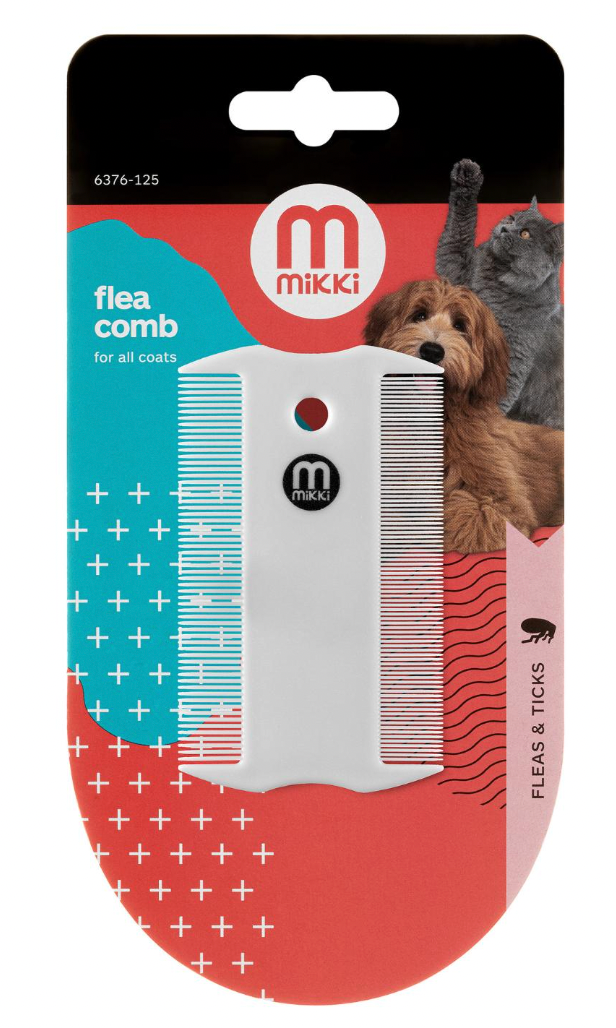 Image shows a white double sided flea comb attached to red, blue and black packaging. 