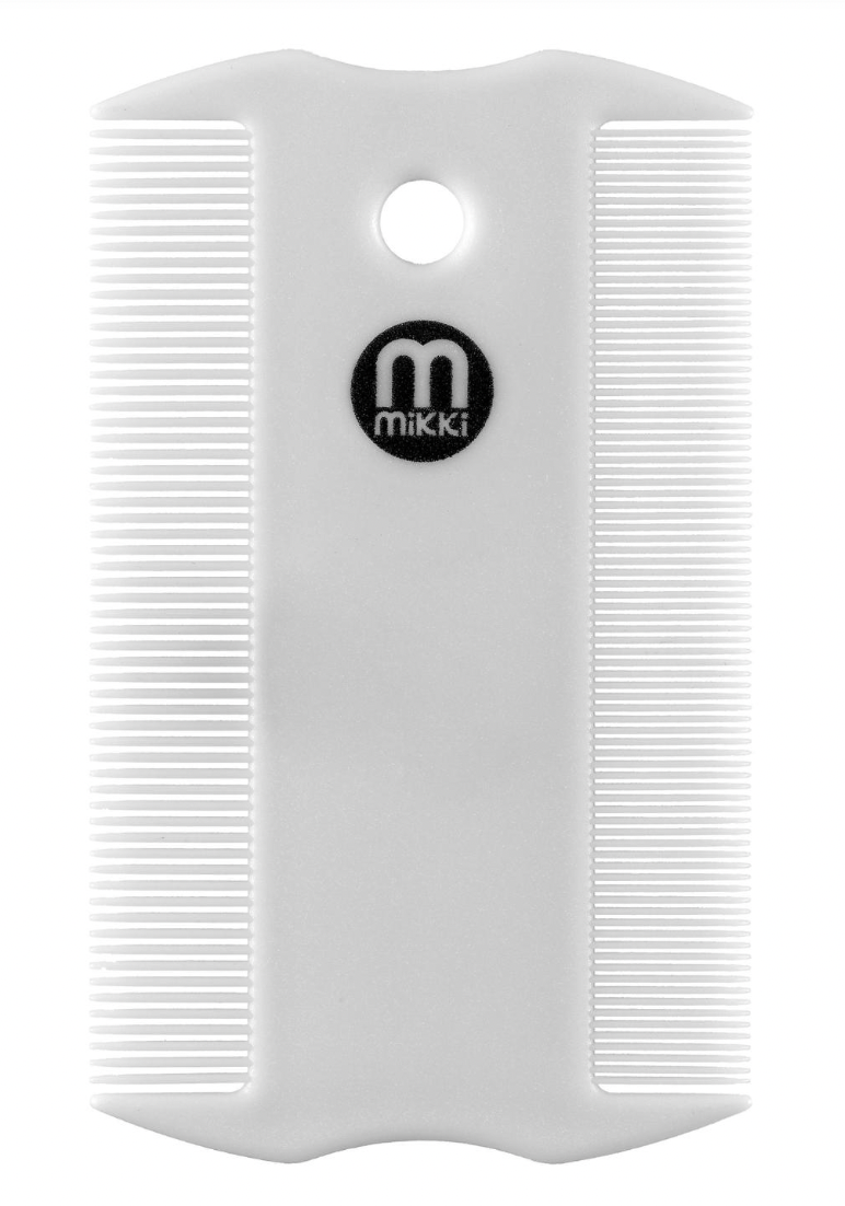 Image shows a white double sided flea comb, with small bristles and the Mikki logo in the middle. 