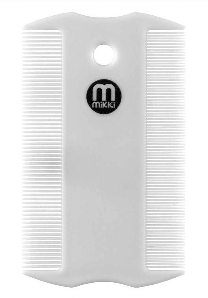 Image shows a white double sided flea comb, with small bristles and the Mikki logo in the middle. 