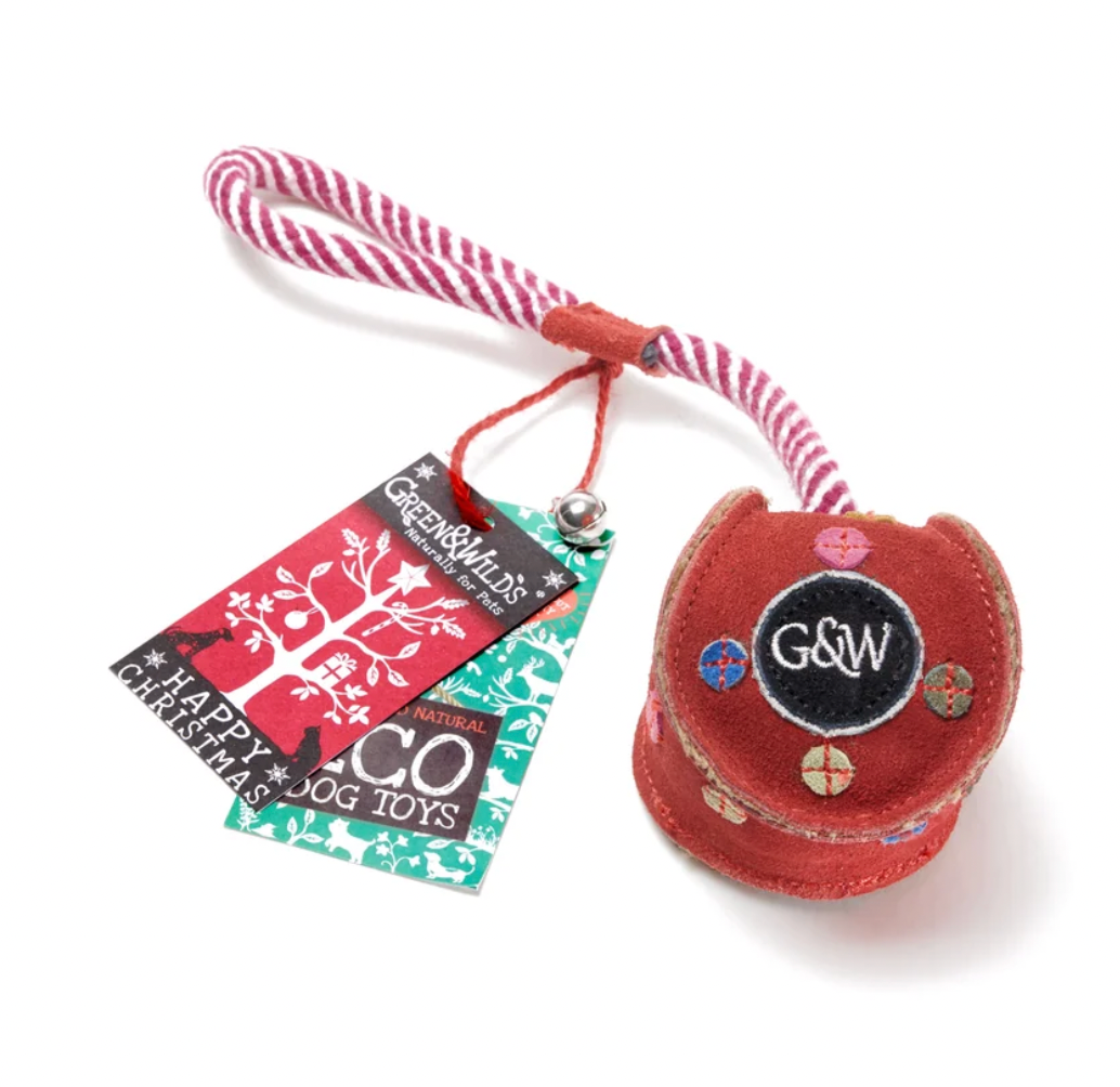Bauble dog toy from Green & Wild's with a red and white rope loop attached 