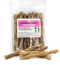 Dog chew sticks with a pink label that says 'Natural twists'