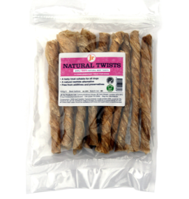 Packaged dog treats labeled 'Natural Twists' with product visible