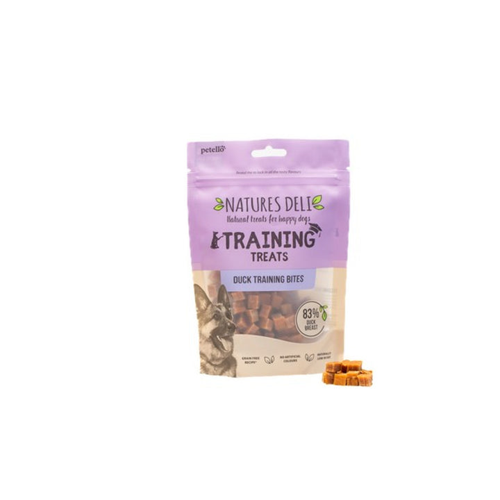 A package of Nature's Deli Training Treats for dogs, showing a picture of the treats and the text '100% fresh meat. No additives or preservatives.