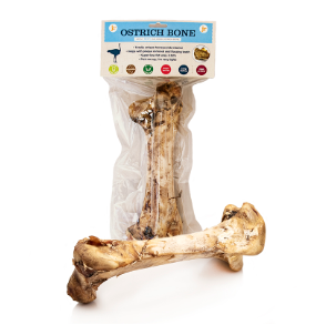 Ostrich bone packaging with blue label. Product visible with one bone on the outside of the packaging. 