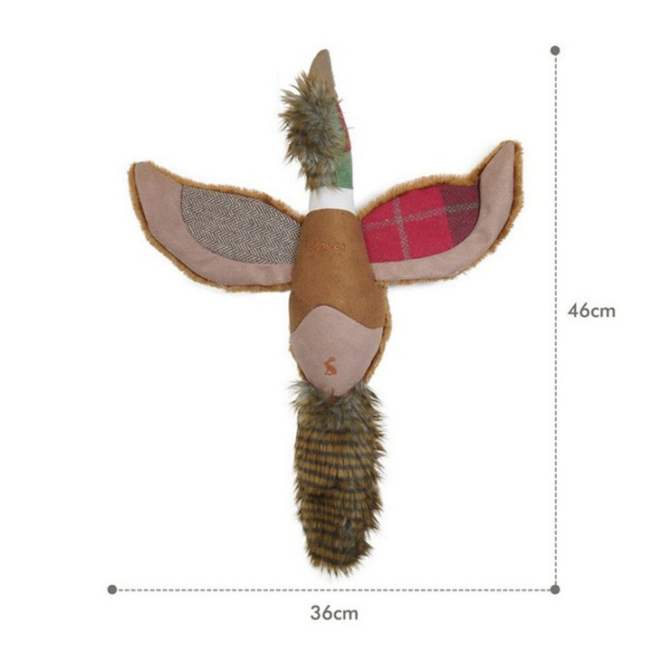 Shows a plush pheasant dog toy with size chart (46cm long  36cm wide)