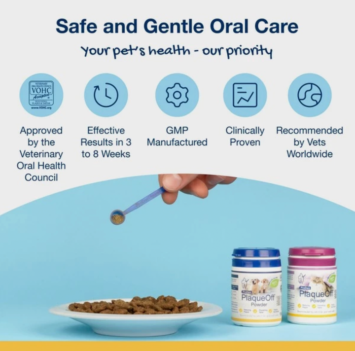 Image shows Plaque Off dog dental powder list of positives including efficacy and who it is recommended/ approved by 