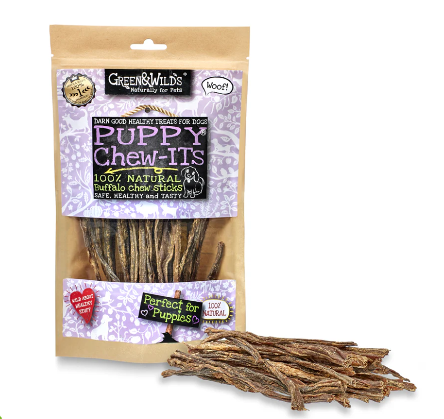 Packaging of Green & Wild's Puppy Chew-its with the product name and image of the chew-its in front of the packaging.