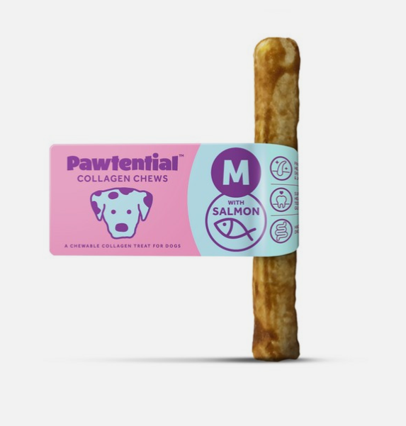 Dog collagen chew treat with 'Pawtential' packaging. With size medium and salmon flavouring