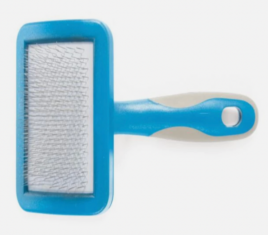 Blue slicker brush for dogs, with a grey and blue handle. 