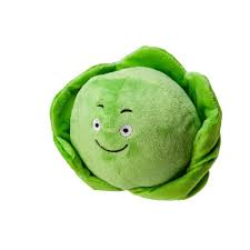 A green plush cabbage toy with a smiling face, isolated on a white background.