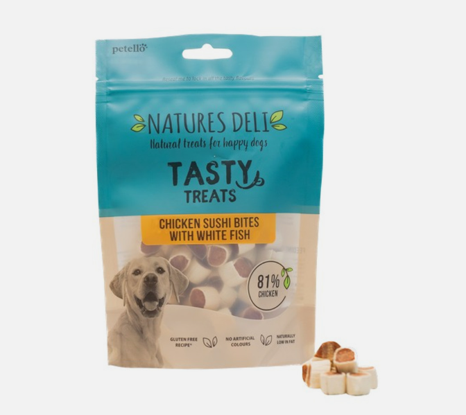 Package of Natures Deli Tasty Treats Chicken Sushi Bites with White Fish, product visible 