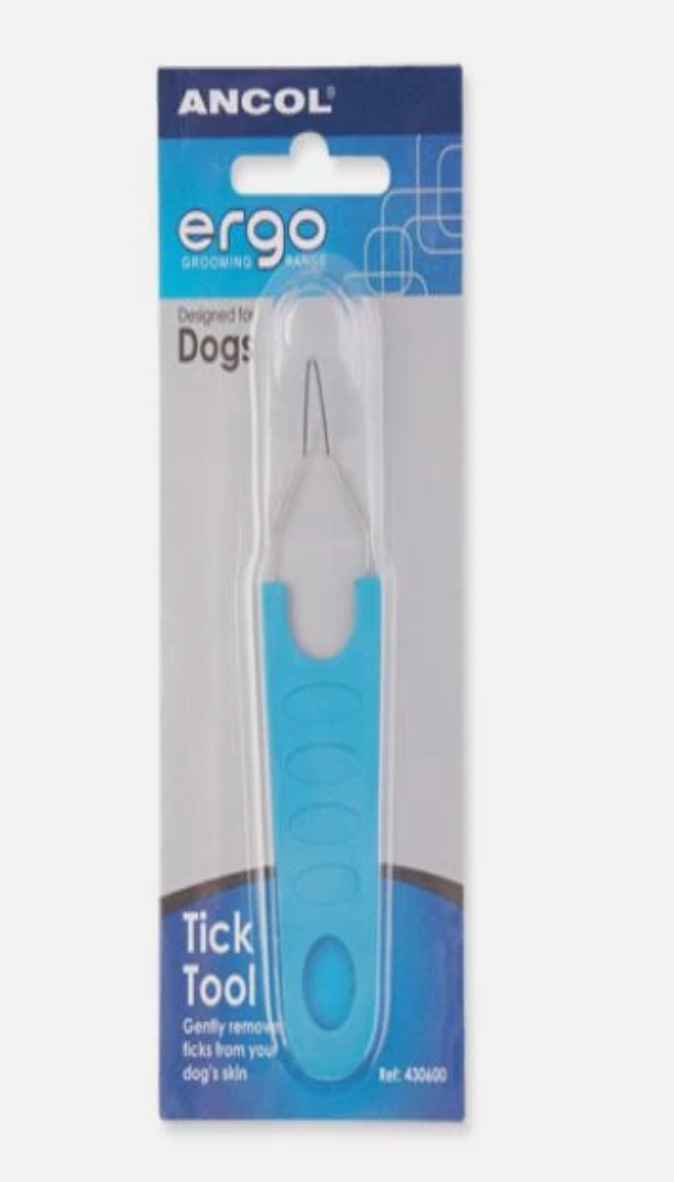 Image shows packaging of Ancol Ergo Tick removal tool in blue and grey packaging 