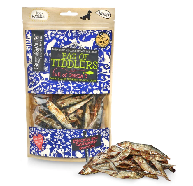 Packaging of Green & Wild's Bag of Tiddlers,small dried fish for dogs. Mainly blue labelling, product visible