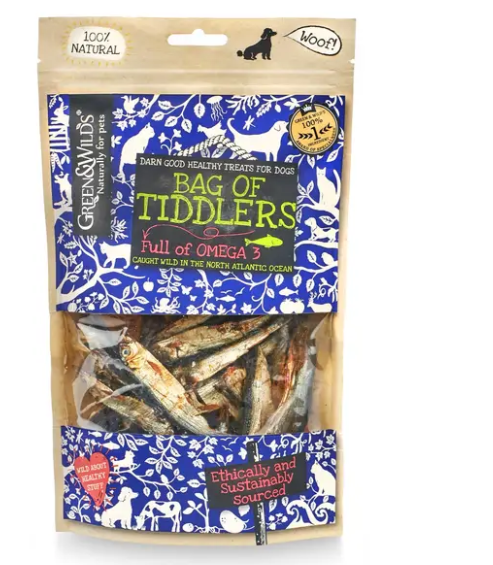 Packaging of Green & Wild's Bag of Tiddlers,small dried fish for dogs. Mainly blue labelling, product visible