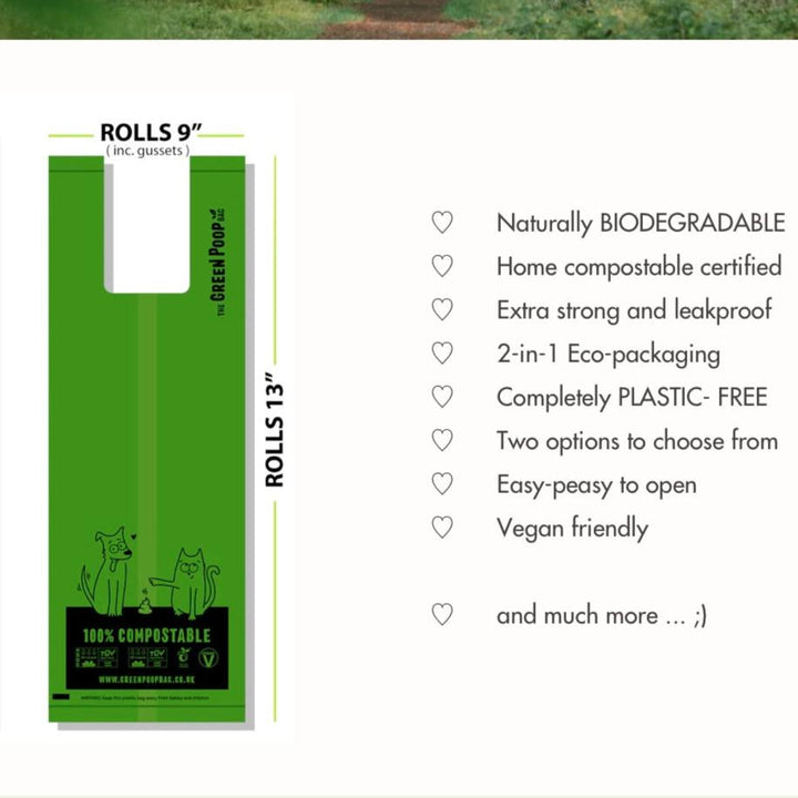 Image shows size of poop bag rolls (13" x 9") with a list of positives about the product on the right hand side 