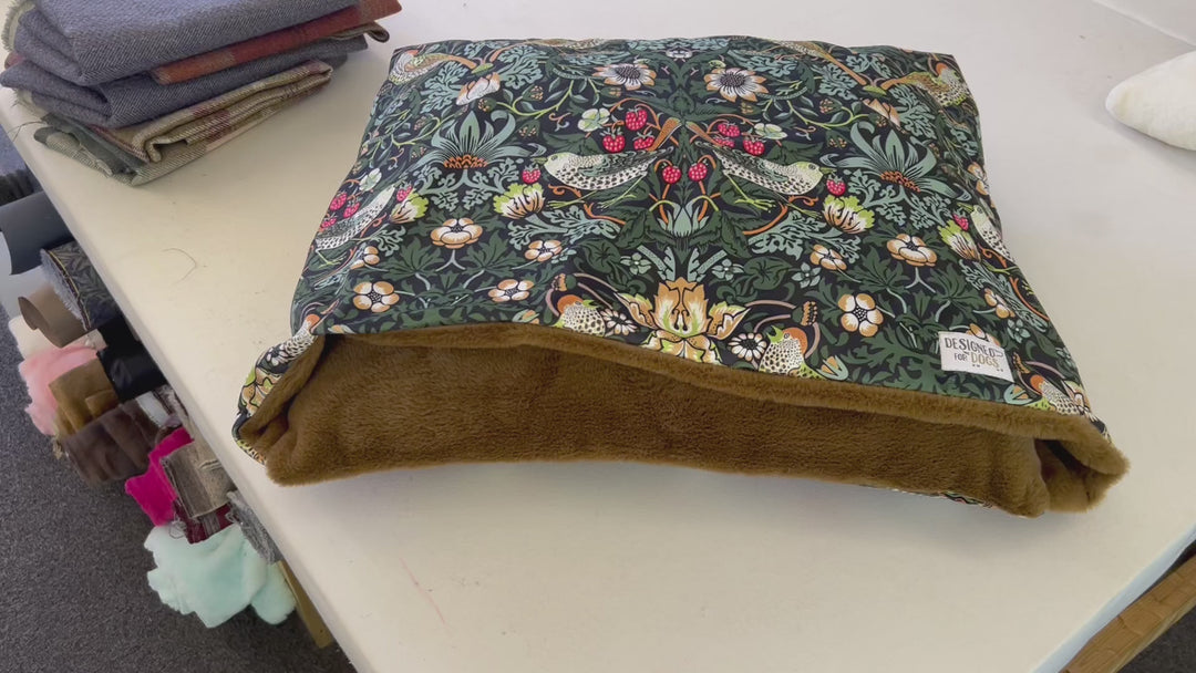 William Morris Ember Strawberry Thief Velvet Doggy Den Bed