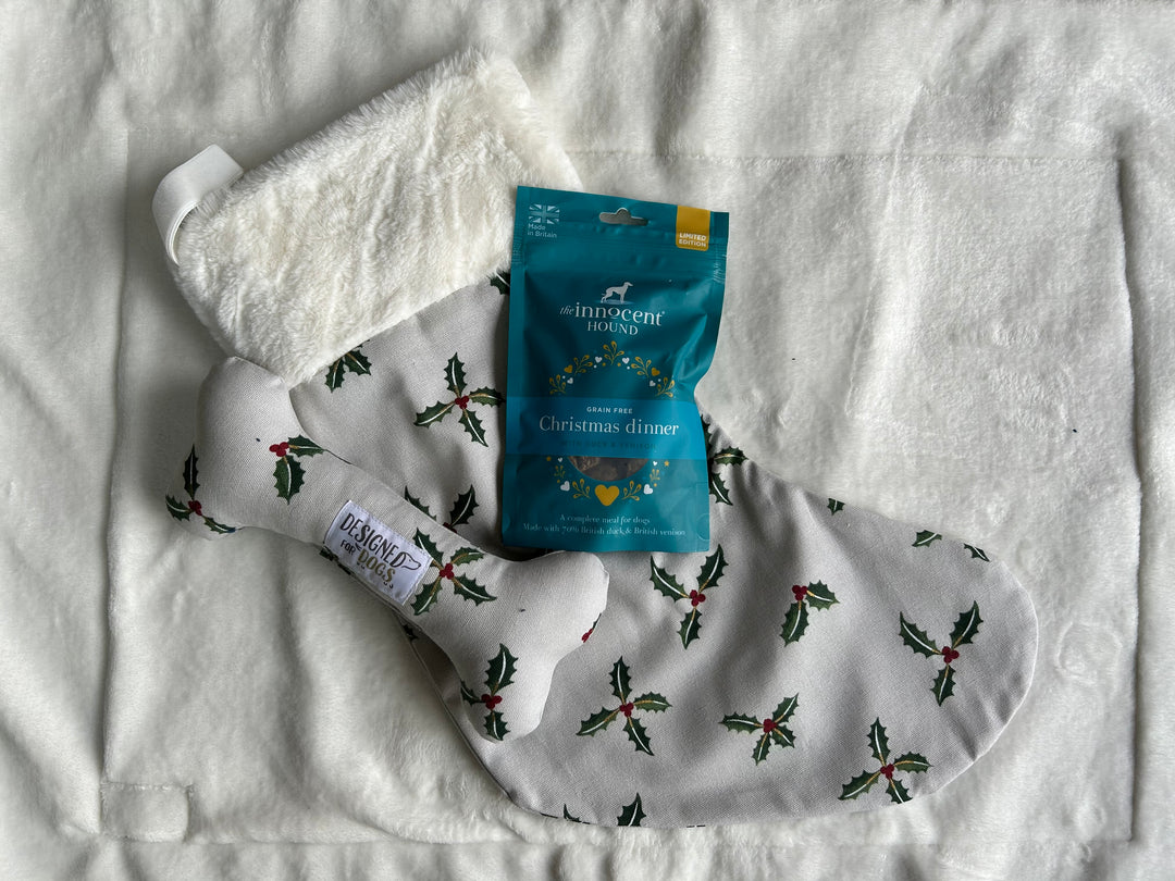 A white Christmas stocking with green holly and red berry print, filled with white plush stuffing, shown on a white fabric background alongside a blue bag of indoor pets Christmas dinner and a bone-shaped treat.