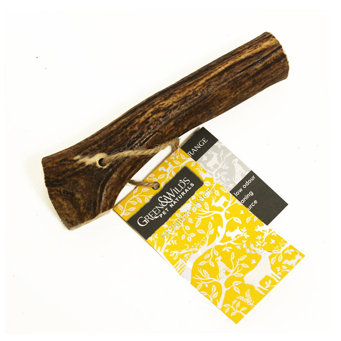 Green & Wild's Antler Dog Chew, small whole section of antler with yellow label attached 