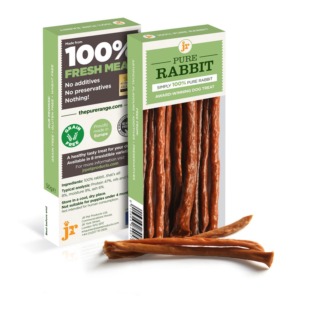 JR Natural Pure Rabbit Meat Sticks, in rectangular packaging (green) with product visible