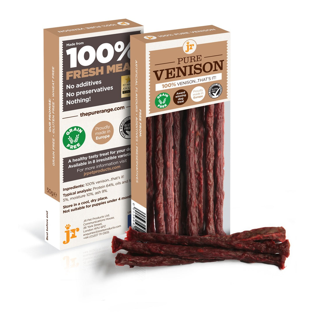 JR Natural Pure Venison Meat Stick, rectangular packaging (brown), with product visible