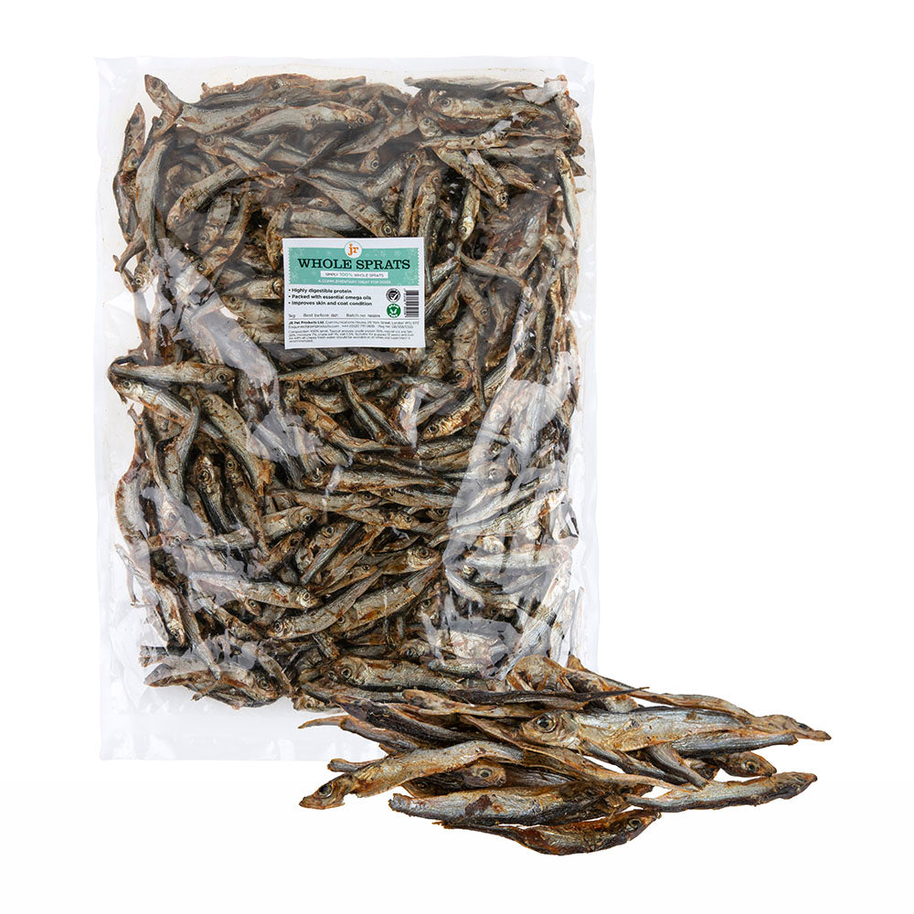 Dried Baltic Sprats Dog Treats, clear packaging with product visible. Label in the middle that states 'whole sprats'